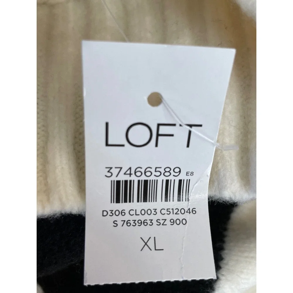 NWT LOFT Womens Sweater XL Pullover Tunic Cream Black Striped Mock Neck Knit